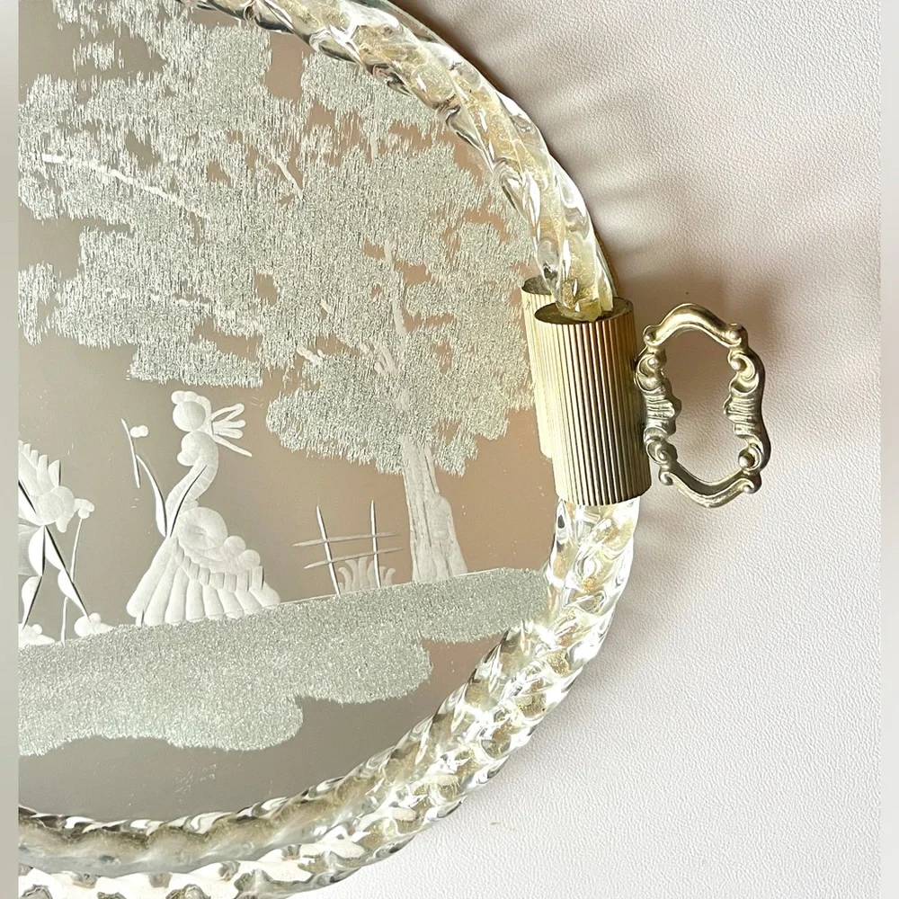 SOLD Vintage Venetian Glass Etched Mirror Tray Vanity Serving Ercole Barovier - Picture 4 of 7